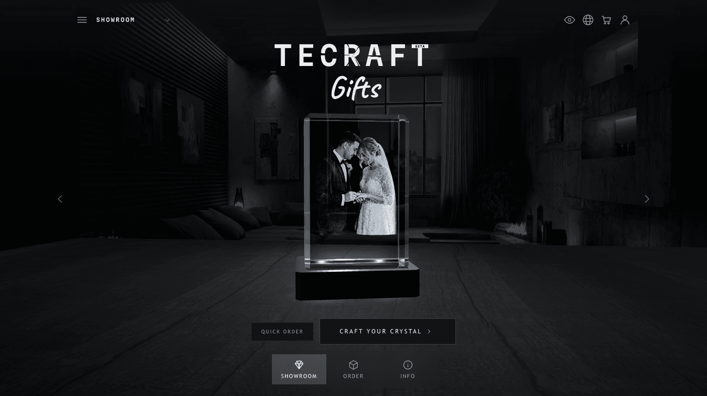 tecraft.cz showroom with a laser-engraved wedding photo inside a crystal on an LED base